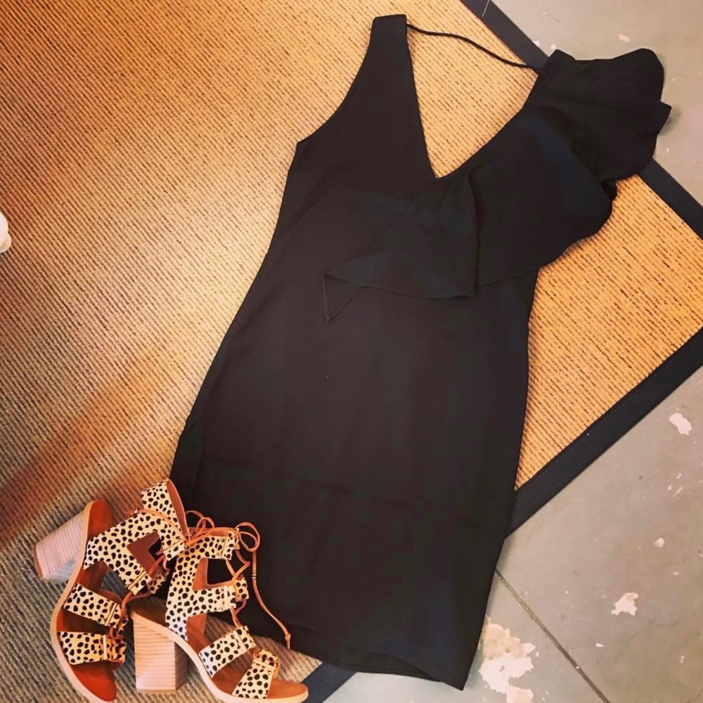 One Shoulder Ruffle Little Black Dress